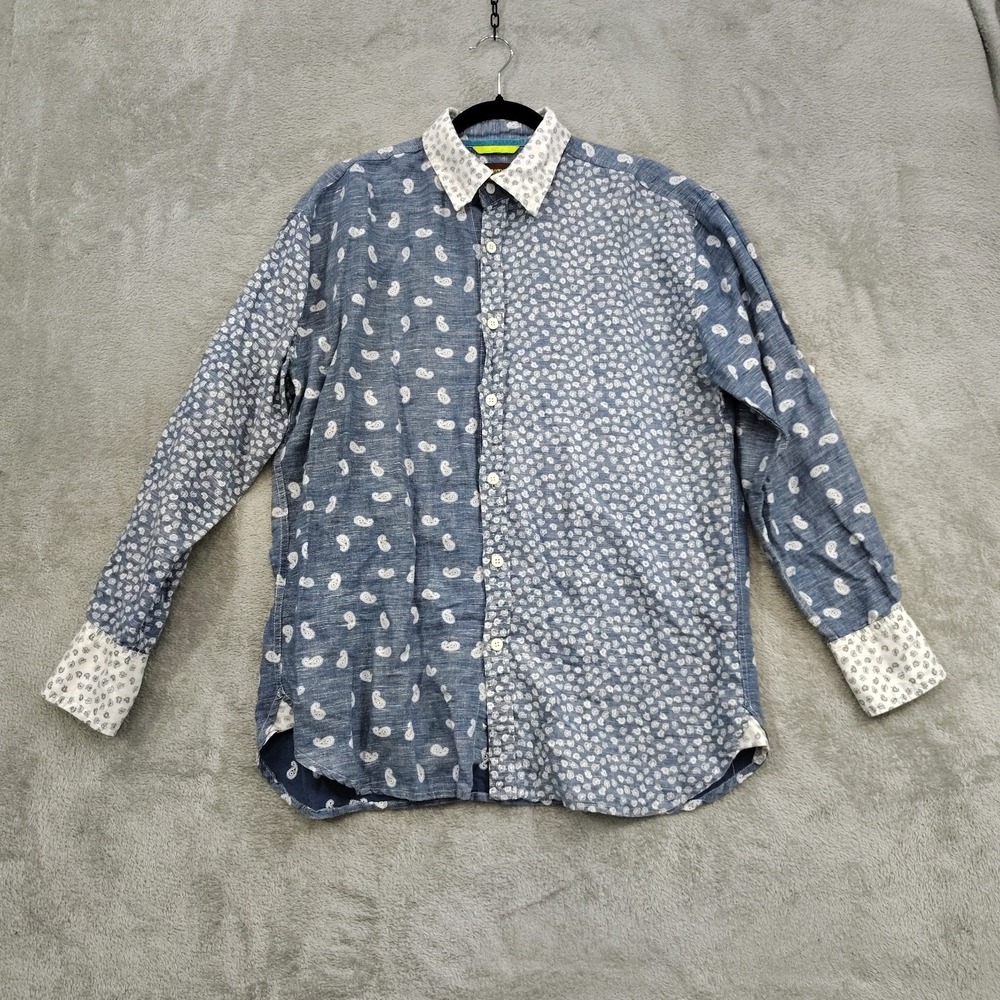Havana Nines FEEL Button Up Linen Blend Patchwork‎ shirt size L Paisley Blue